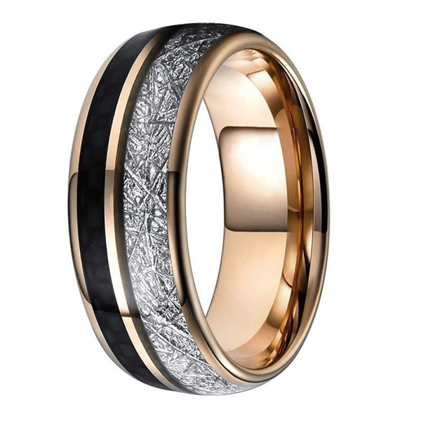 Fashionable 8mm Double Fluted Rose Gold Inlaid Black Carbon Fiber Stone Resistant Tungsten Steel Ring for Men