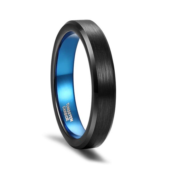 Brushed Tungsten Rings Blue & Black with Beveled Edge