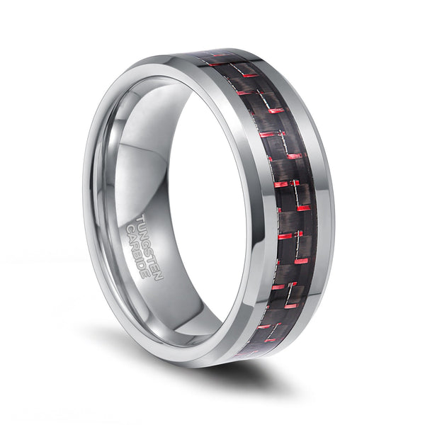 Black and Red Carbon Fiber Inlay Tungsten Wedding Bands for Men
