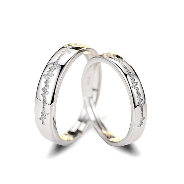 Sterling Silver Couple Rings with Heartbeat Pattern