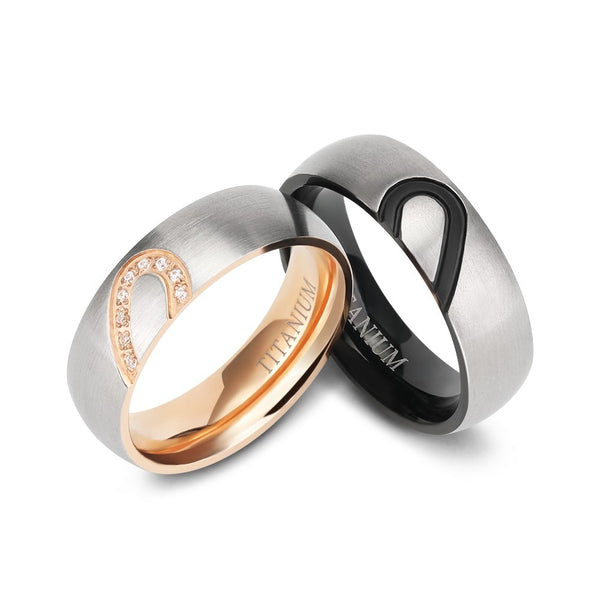 Rose Gold and Black Matching Couple Rings Set