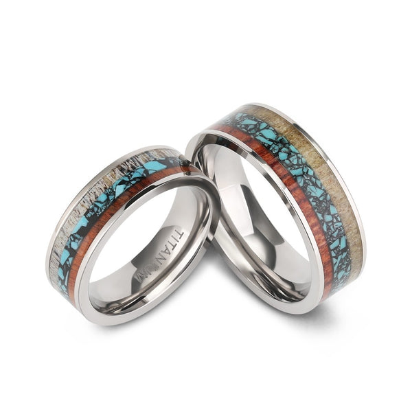 Unique Couple Rings Wood & Turquoise Inlay