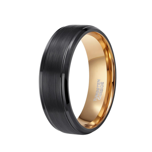 Mens Rose Gold Plated Tungsten Engagement Bands with Black Brushed Center