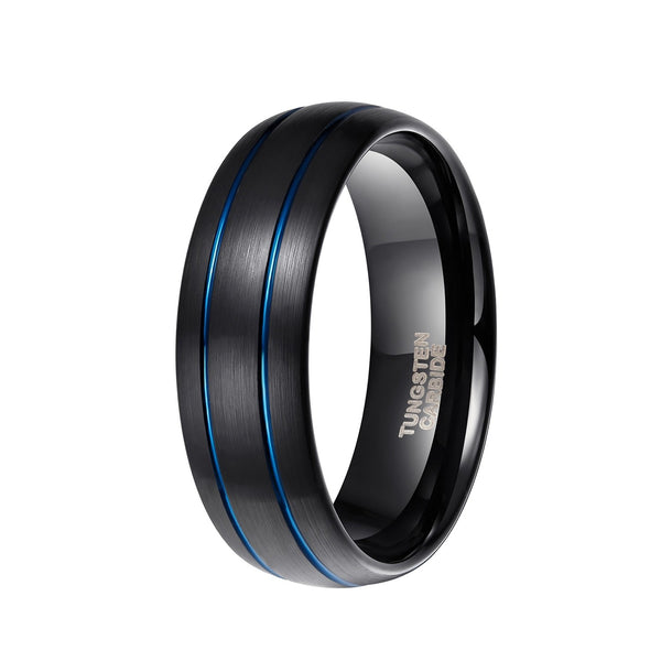 Black Tungsten Ring for Men Blue Thin Groove Line Dome Brushed Comfort Fit