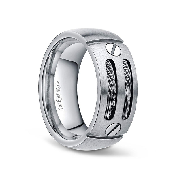 Mens Silver and Black Titanium Ring with Cable Inlay 8mm