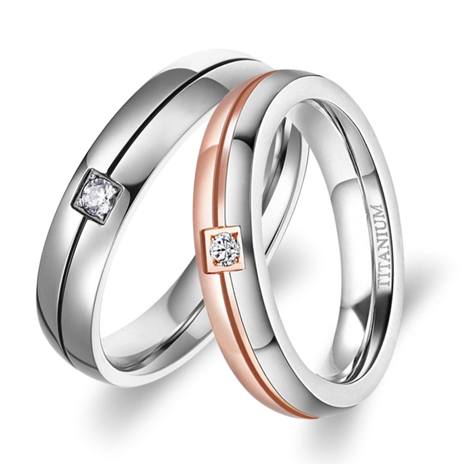 Rose Gold Titanium Wedding Ring Sets with CZ for Women 4mm Findurings