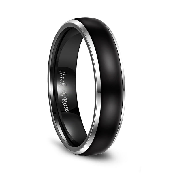 Two Tone Tungsten Wedding Bands with Black Domed Polished and Beveled Edges