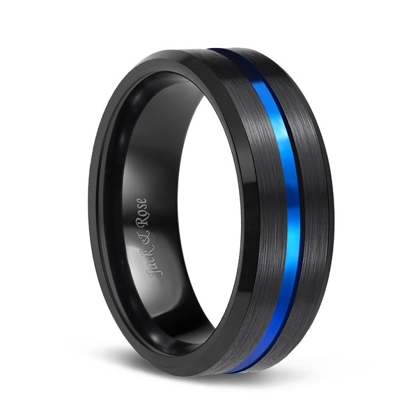 Brushed Black Tungsten Band Rings with Blue Grooved Center