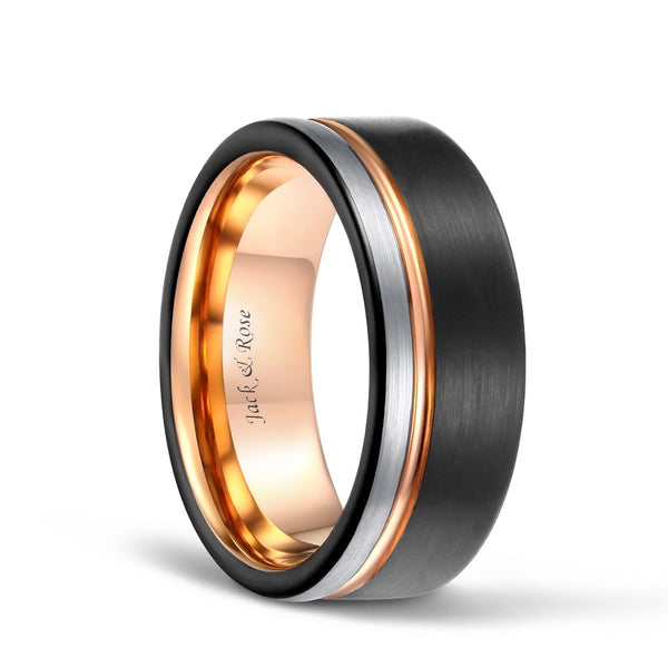 Rose Gold Line Ring & Black Edge and Silver Brushed Tungsten Carbide Wedding Band