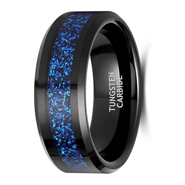 Fashionable 8mm Black Inlaid Epoxy Blue Glitter Tungsten Steel Ring for Men