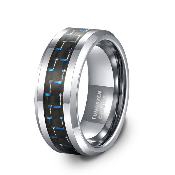 Black and Blue Carbon Fiber Inlay High Polish Men's Tungsten Wedding Band Ring 6mm 8mm