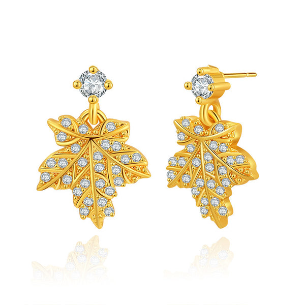 Copper 18K Gold-Plated Maple Leaf Stud Earrings with Zircon