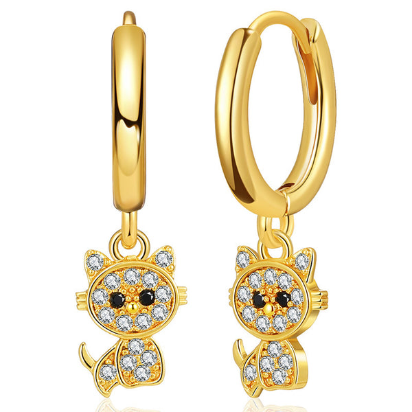 Copper 18K Gold Plated Cute Black Eyed Kitten Drop Earrings