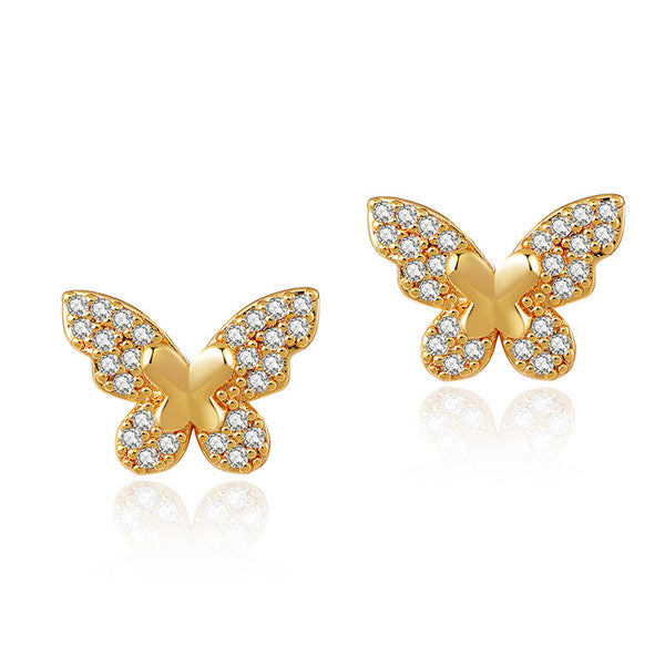 Copper 18K Gold Plated Butterfly Inlaid Zircon Exquisite Stud Earrings