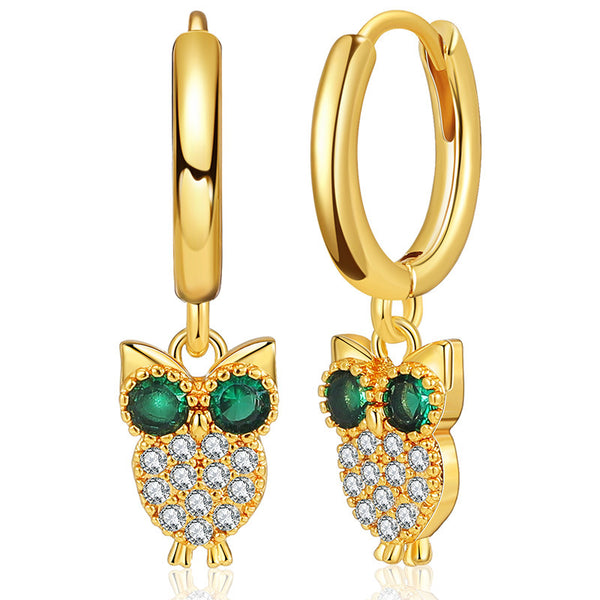 Copper 18K Gold Plated Cute Owl Inlaid with Zircon Drop Earrings