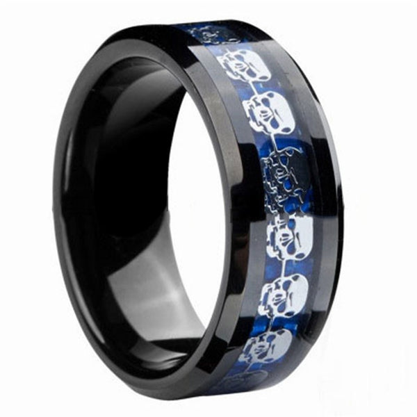 Personality Creative 8mm Dark Blue Carbon Fiber Inlaid Skull Tungsten Steel Ring for Men