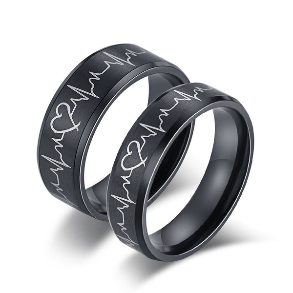 Simple Black Matte ECG Titanium Couple Ring