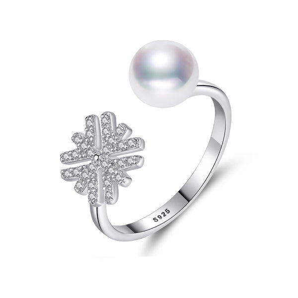 Vintage Pearl Engagement Rings Adjustable Silver Snowflake Rings