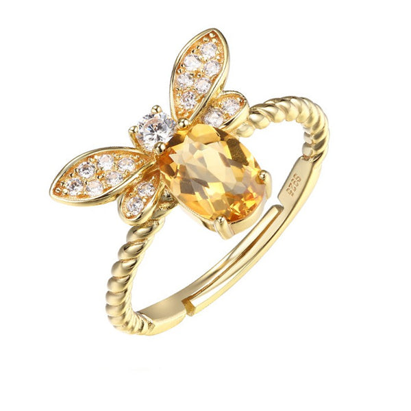 Bee Ring with Yellow Natural Stone in 925 Sterling Silver