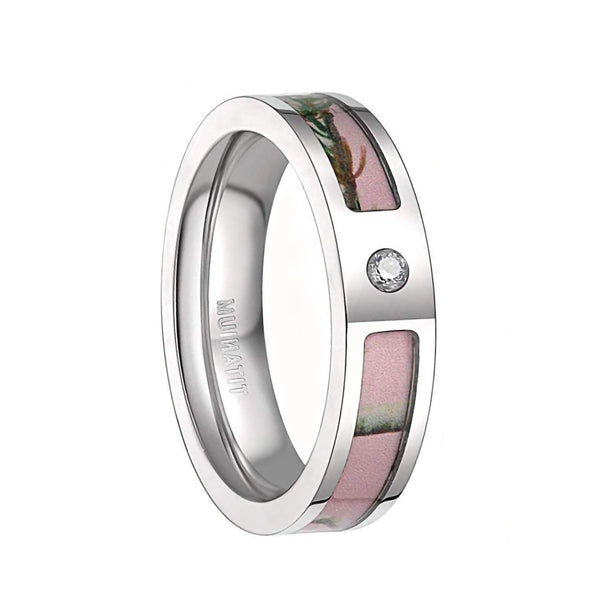 Womens Pink Camo Wedding Rings Titanium Rings with Cubic Zirconia