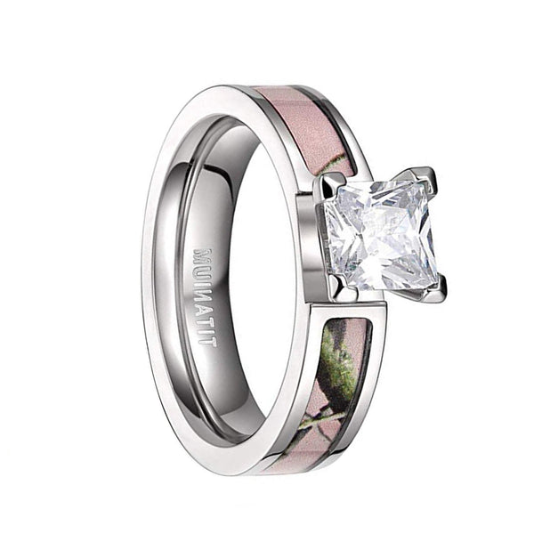Womens Titanium Pink Camo Wedding Rings with CZ Stone