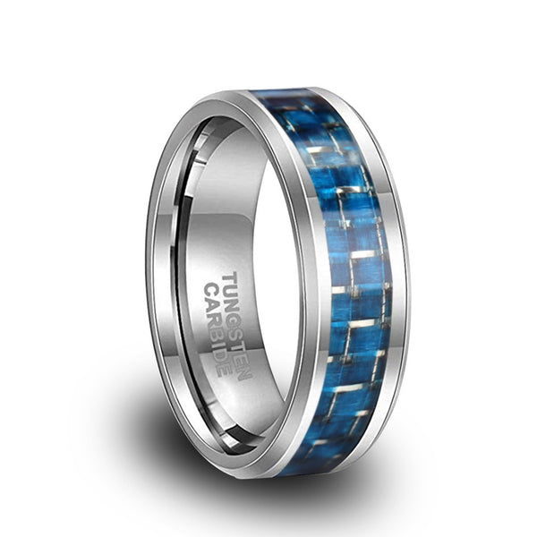 Blue Carbon Fiber Tungsten Engagement Rings Comfort Fit