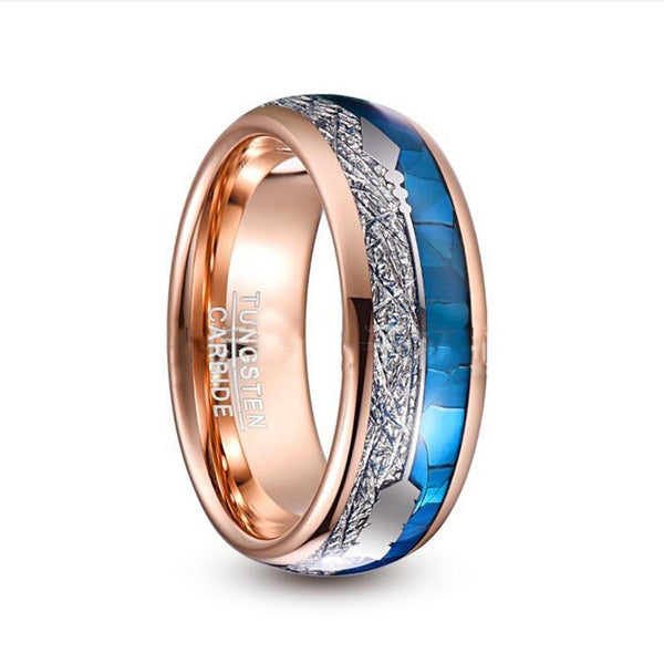 Fashionable 8mm Electroplated Rose Gold Blue Shell Tungsten Steel Ring for Men