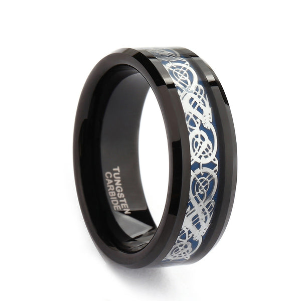 Tungsten Celtic Dragon Ring with Blue Carbon Fiber