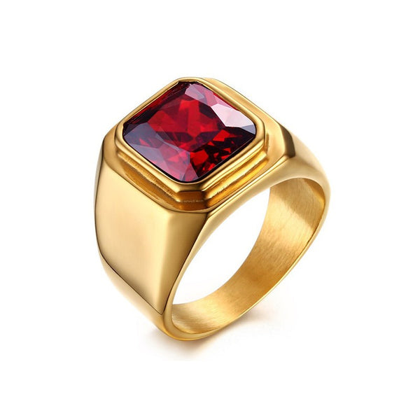 Simple Gold Stainless Steel Rings with Square Ruby Inlay
