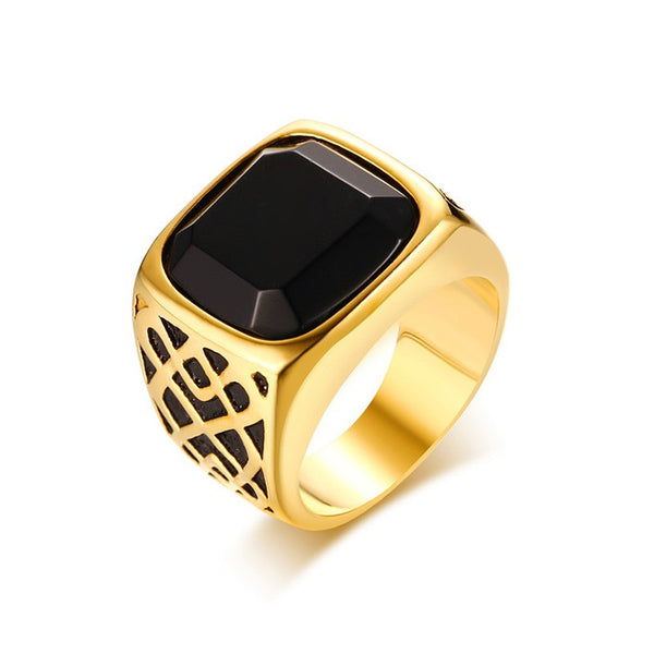 Stainless Steel Black Agate Ring with Gold Plated