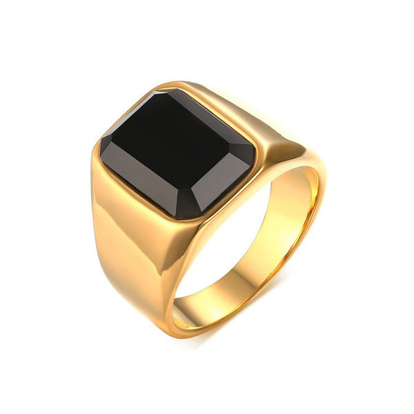 Classic Gold Stainless Steel Rings with Black Agate