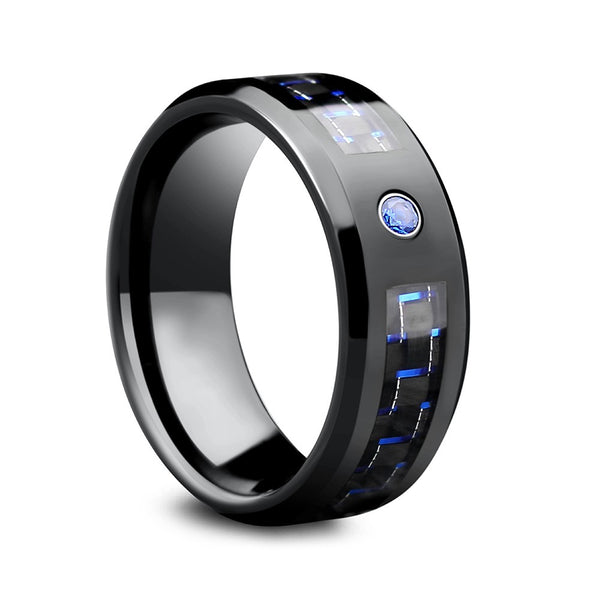 Mens Black and Blue Carbon Fiber Tungsten Wedding Bands with CZ