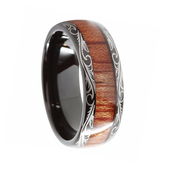 Tungsten Wood Rings Black with Feather Edge