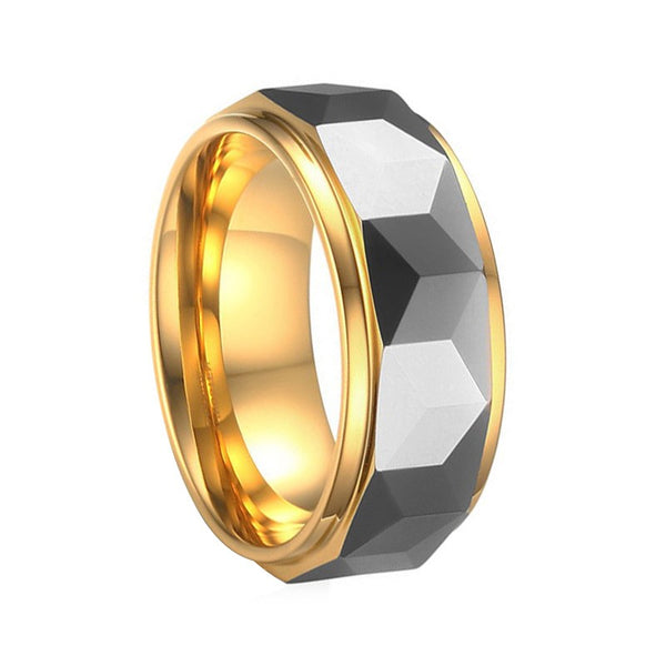 Tungsten Carbide Ring for Men Faceted Gold and Silver