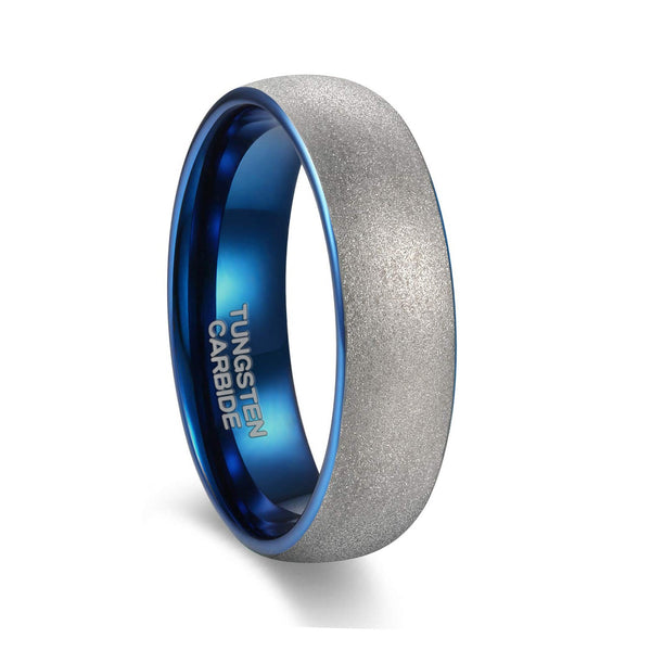 Matte Silver Tungsten Rings Blue Round Domed