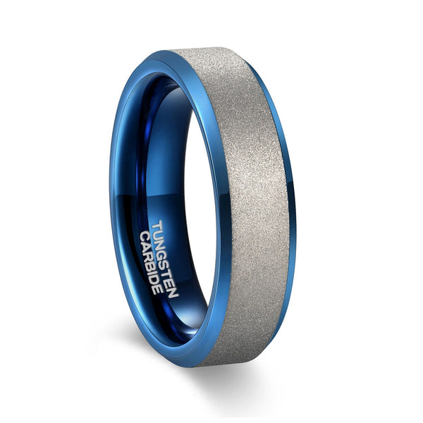 Mens Matte Wedding Rings with Blue Beveled Edge