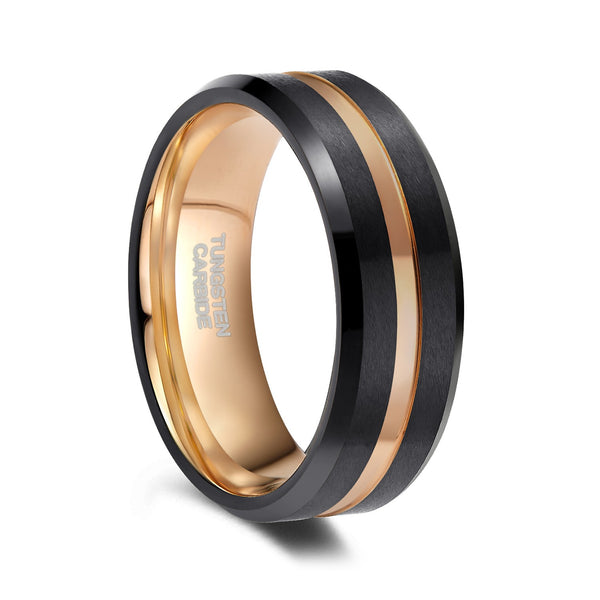Black Tungsten Engagement Rings with Rose Gold Grooved