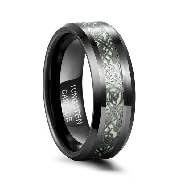 Celtic Dragon Wedding Rings with Green Carbon Fiber Glow in the Dark