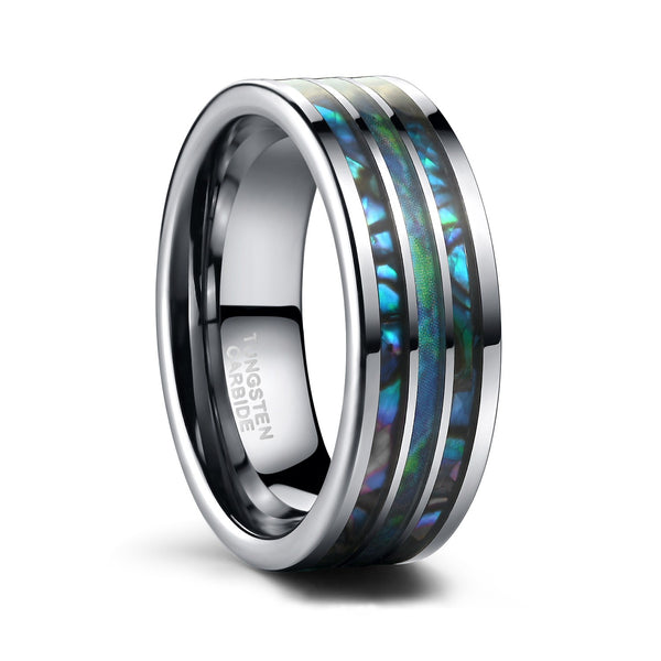 Tungsten Mens Wedding Bands Blue Opal and Abalone Shell Inlay