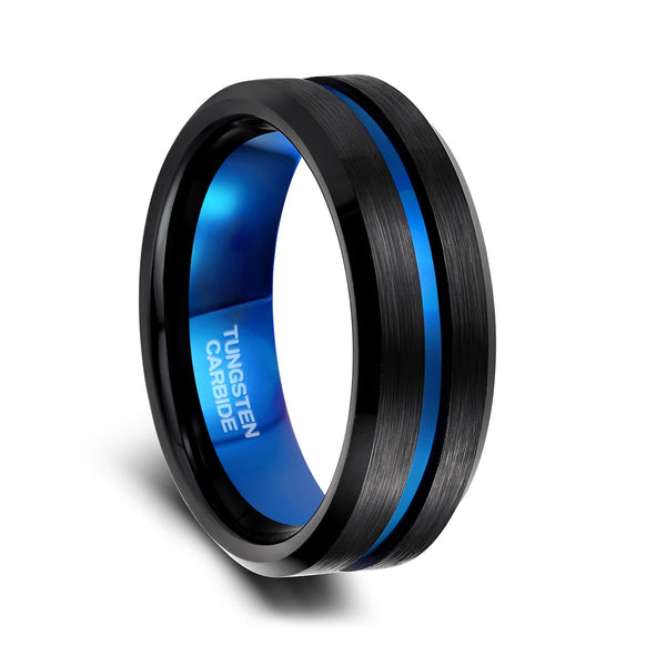 Black Wedding Bands for Men Blue Steel Inlay