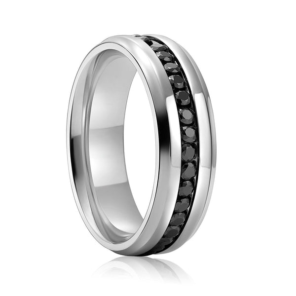 Womens Mens Wedding Bands Titanium with Black Cubic Zirconia Inlay