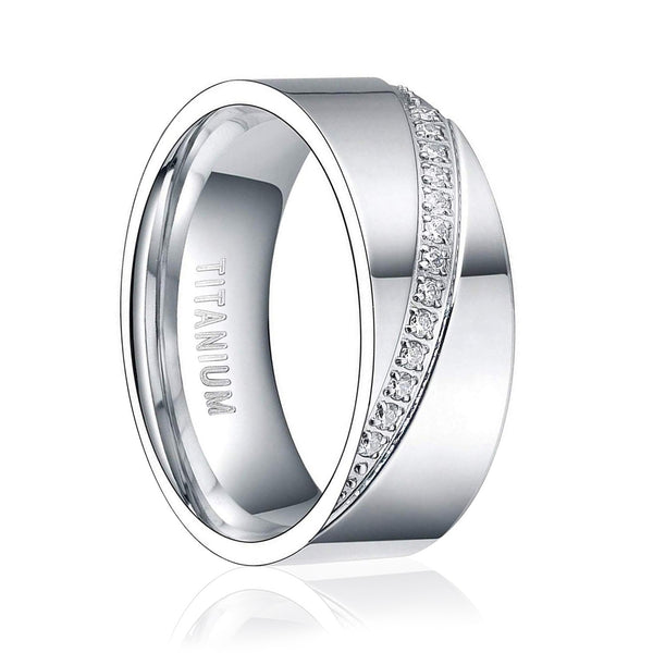 Silver His and Hers Titanium Wedding Bands with CZ Stones