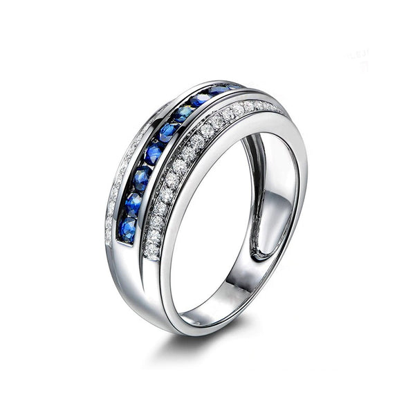 Sterling Silver Cz Wedding Band White Gold with Blue Stone