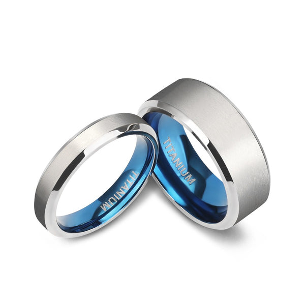 Silver and Blue Unique Matching Couple Wedding Bands