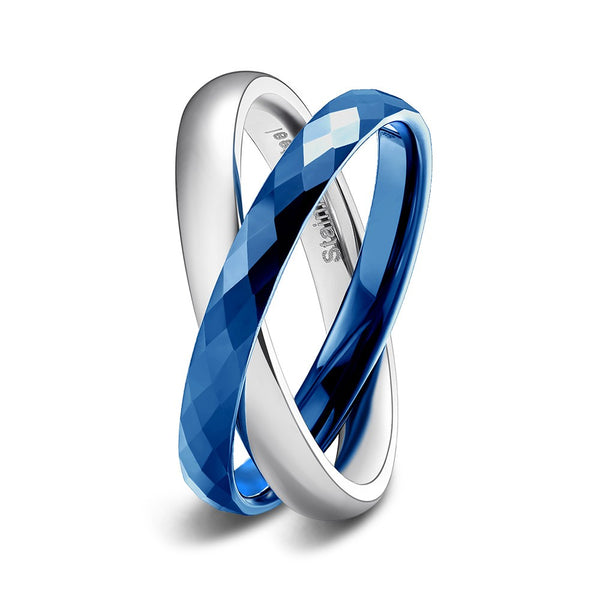 Blue and Silver Two Rings Interlocked High Polished
