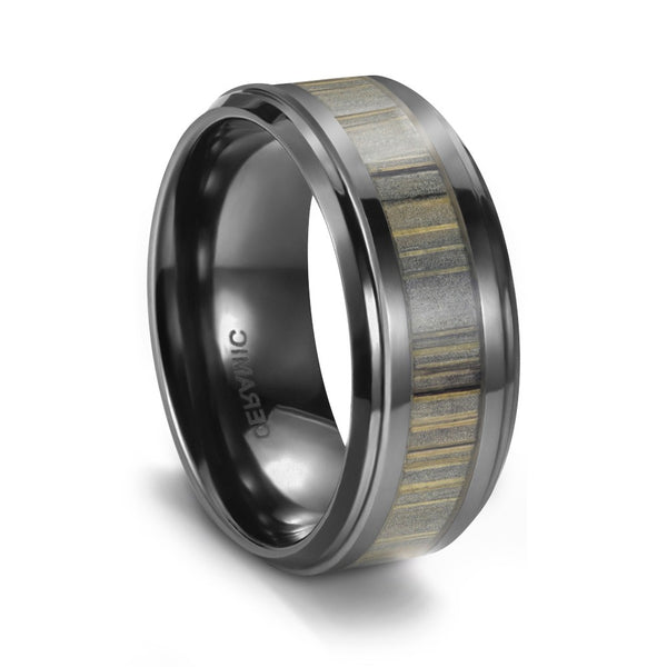 Ceramic Mens Rings Hunting Style with High Polished Stepped Edge