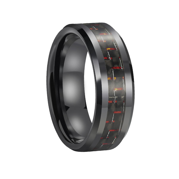 Mens Ceramic Wedding Rings with Red & Black Carbon Fiber