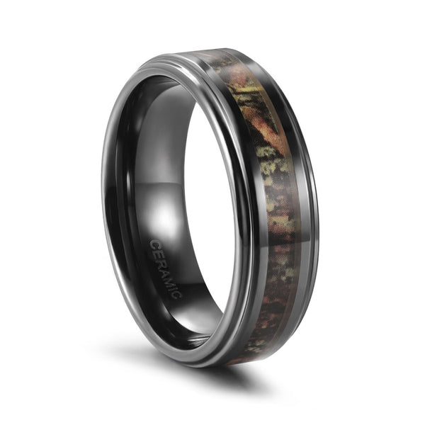 Ceramic Mens Wedding Rings Polished with Real Tree Camo Inlay