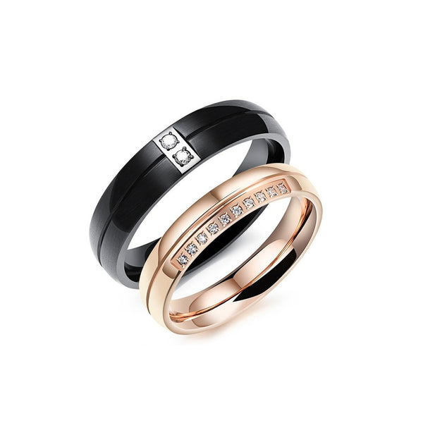 Stainless/Titanium Steel CZ Couple Wedding Sets Rose Gold and Black