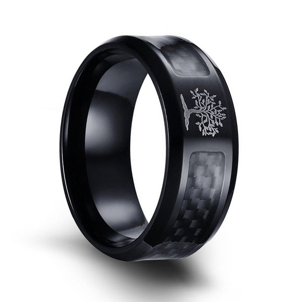 Black Stainless Steel Carbon Fiber Rings with Life Tree